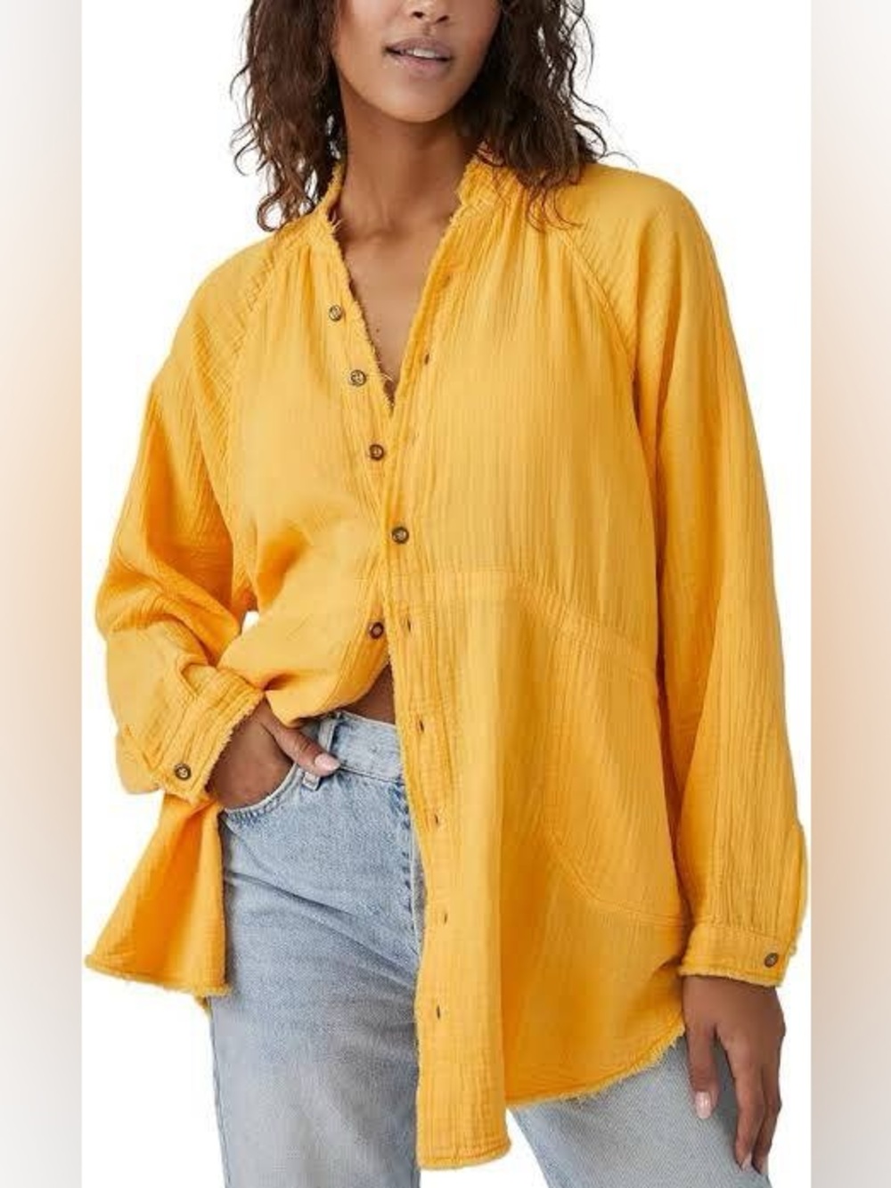 We The Free People Summer Daydream Button Down Shirt Size Medium Yellow Papaya - Picture 3 of 16